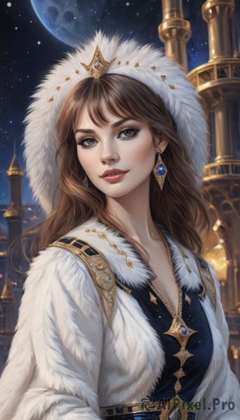 1girl,solo,long hair,breasts,looking at viewer,smile,bangs,brown hair,dress,brown eyes,jewelry,upper body,earrings,outdoors,sky,hood,lips,coat,grey eyes,fur trim,makeup,night,blue dress,moon,crown,lipstick,gem,star (sky),night sky,full moon,starry sky,nose,white coat,red lips,fur coat,parted lips,artist name,necklace,eyelashes,realistic