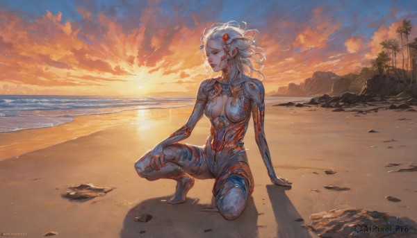 1girl,solo,long hair,breasts,hair ornament,cleavage,jewelry,medium breasts,full body,white hair,outdoors,sky,artist name,cloud,medium hair,water,tree,lips,bodysuit,ocean,beach,squatting,science fiction,sunset,rock,sand,palm tree,sun,horizon,one knee,shore,orange sky,blue eyes,navel,closed mouth,yellow eyes,earrings,barefoot,signature,looking to the side,floating hair,shadow,colored skin,arm support,watermark,looking away,cloudy sky,wind,scenery,realistic,nose,looking afar