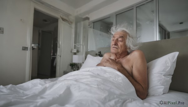 1girl,solo,short hair,1boy,closed eyes,white hair,male focus,nude,lying,indoors,on back,pillow,bed,bed sheet,on bed,sleeping,messy hair,realistic,door,blanket,under covers,old,old man,naked sheet,wrinkled skin,closed mouth,window,tattoo,parody,meme,bedroom,old woman