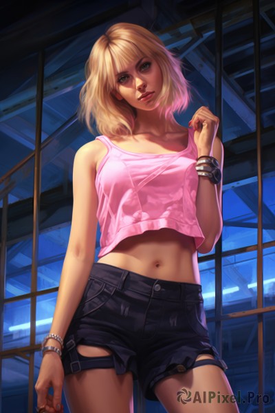 1girl,solo,breasts,looking at viewer,short hair,bangs,blonde hair,navel,bare shoulders,jewelry,medium breasts,green eyes,standing,collarbone,cowboy shot,parted lips,shorts,midriff,indoors,blunt bangs,medium hair,nail polish,bracelet,lips,crop top,head tilt,torn clothes,short shorts,makeup,thigh strap,black shorts,ring,tank top,denim,arm at side,contrapposto,denim shorts,pink shirt,watch,realistic,nose,wristwatch,science fiction