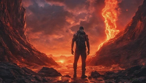 solo, 1boy, standing, male focus, boots, outdoors, sky, sleeveless, pants, cloud, from behind, muscular, fire, scenery, sunset, rock, red theme, molten rock