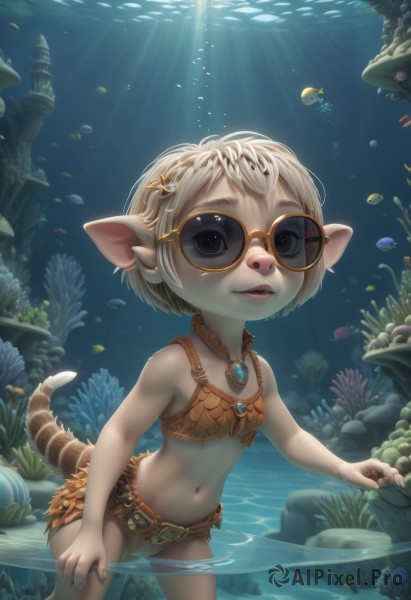 1girl,solo,looking at viewer,smile,short hair,blonde hair,hair ornament,navel,animal ears,jewelry,standing,tail,swimsuit,braid,white hair,bikini,parted lips,glasses,pointy ears,hairclip,midriff,belt,water,necklace,black eyes,flat chest,lips,loli,leaning forward,sunlight,sunglasses,monster girl,furry,wading,fish,light rays,underwater,round eyewear,furry female,coral,blue eyes,child,bubble,air bubble,submerged,aquarium