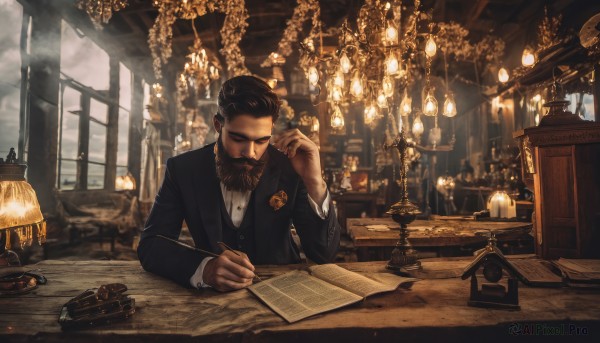 solo,brown hair,shirt,black hair,long sleeves,1boy,bow,holding,sitting,closed mouth,jacket,white shirt,upper body,male focus,necktie,collared shirt,indoors,hand up,bowtie,vest,cup,black jacket,book,window,dress shirt,buttons,facial hair,chair,formal,table,blazer,suit,beard,desk,smoke,paper,mustache,pen,light,lamp,candle,badge,black suit,holding pen,writing,quill,chandelier,desk lamp,corded phone,nib pen (object),inkwell,closed eyes,looking down,scenery,watch,realistic,phonograph,steampunk