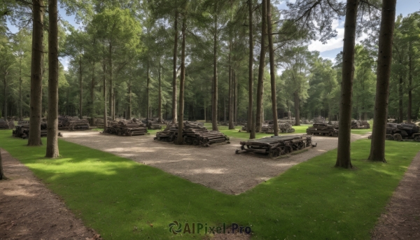 outdoors,sky,day,cloud,tree,blue sky,military,no humans,sunlight,grass,ground vehicle,nature,scenery,motor vehicle,forest,military vehicle,car,road,tank,vehicle focus,caterpillar tracks,path,shadow,landscape