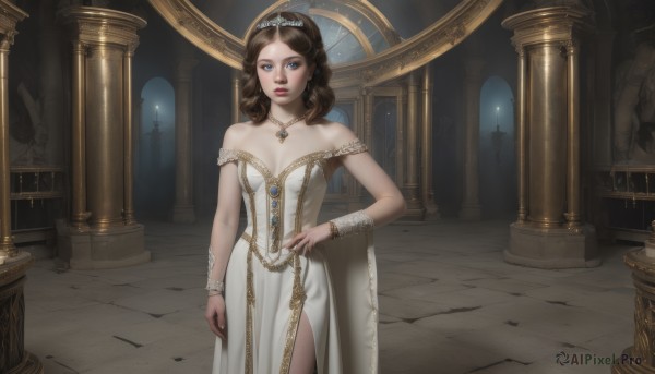 1girl,solo,long hair,breasts,looking at viewer,blue eyes,brown hair,dress,cleavage,bare shoulders,jewelry,medium breasts,standing,cowboy shot,earrings,indoors,necklace,off shoulder,white dress,bracelet,lips,tiara,gem,realistic,pillar,statue,column,parted lips,hand on hip