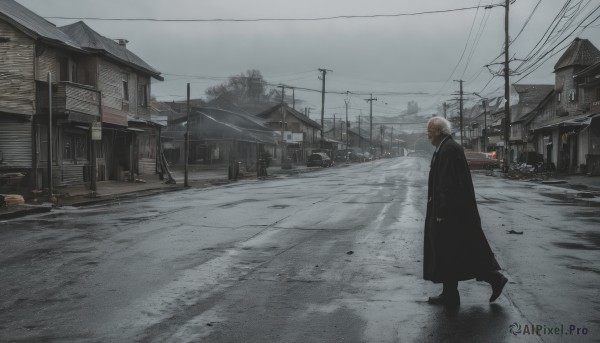 1girl,solo,short hair,long sleeves,1boy,holding,standing,male focus,outdoors,sky,black footwear,tree,coat,ground vehicle,building,scenery,motor vehicle,snow,walking,cigarette,black coat,city,car,road,house,old,power lines,street,utility pole,grey sky,cloud,from side,cloudy sky,winter,lamppost,town