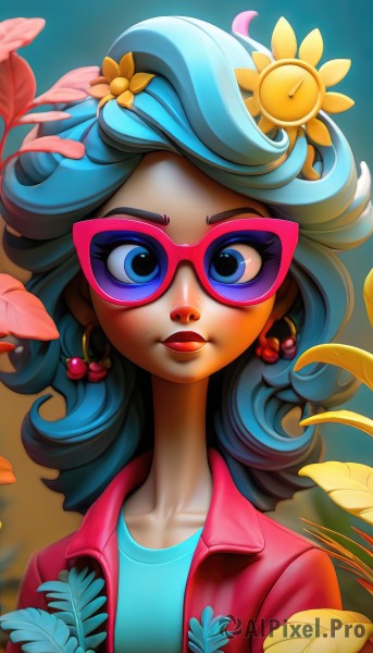 1girl,solo,long hair,looking at viewer,blue eyes,shirt,hair ornament,jewelry,blue hair,collarbone,jacket,upper body,flower,earrings,glasses,artist name,hair flower,dark skin,dark-skinned female,lips,eyelashes,makeup,fruit,leaf,blue shirt,lipstick,eyeshadow,curly hair,yellow flower,sunflower,red lips,domino mask,multicolored hair,open clothes,signature,sunglasses,freckles