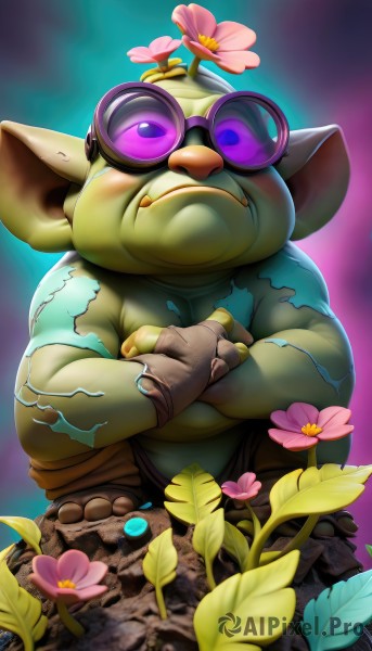 solo,looking at viewer,blush,smile,gloves,1boy,closed mouth,standing,purple eyes,flower,male focus,outdoors,glasses,pants,fingerless gloves,no humans,glowing,colored skin,fangs,crossed arms,goggles,pink flower,brown gloves,goggles on head,topless male,rock,green skin,brown pants,fat,shirt,holding,teeth,pointy ears,artist name,blurry,torn clothes,muscular,blurry background,leaf,watermark,squatting,sunglasses,blue shirt,web address,torn shirt,goblin,yordle