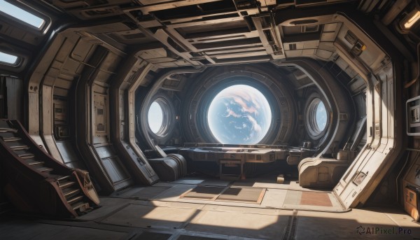 indoors,signature,no humans,window,shadow,scenery,science fiction,space,planet,earth (planet),spacecraft,spacesuit,realistic,cockpit