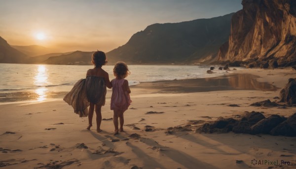 1girl,short hair,multiple girls,brown hair,shirt,black hair,1boy,dress,holding,2girls,standing,short sleeves,outdoors,sky,barefoot,water,from behind,holding hands,ocean,beach,child,scenery,walking,sunset,rock,mountain,sand,sun,horizon,holding clothes,female child,facing away,mountainous horizon,shore,footprints,bare shoulders,shadow,sunlight,desert