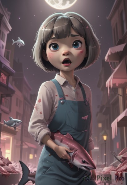 1girl,solo,looking at viewer,blush,short hair,open mouth,bangs,blue eyes,brown hair,shirt,hair ornament,long sleeves,holding,standing,white shirt,cowboy shot,outdoors,sky,teeth,collared shirt,artist name,lips,blood,night,animal,moon,thick eyebrows,building,child,star (sky),night sky,full moon,freckles,fish,female child,overalls,blood on clothes,holding animal,guro,blue overalls,black hair,tail,makeup,bob cut,lipstick,blood on face,fish tail,dirty,shark tail,dirty face,dirty clothes