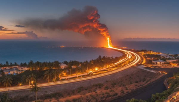 outdoors,sky,cloud,water,tree,no humans,ocean,beach,fire,building,nature,scenery,smoke,sunset,city,sand,palm tree,horizon,road,cityscape,explosion,river,landscape,shore,burning,night,plant,ground vehicle,motor vehicle,car,bush,evening,city lights