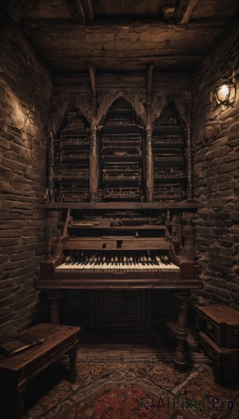 indoors,no humans,window,instrument,scenery,wooden floor,stairs,brick wall,piano,brown theme,carpet,chandelier,grand piano,book,bookshelf,rug,fireplace