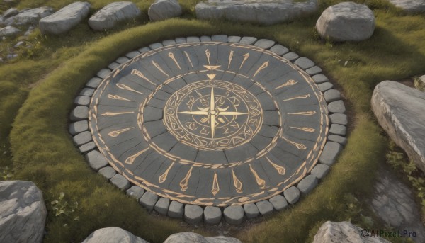 flower,outdoors,day,no humans,from above,grass,nature,scenery,rock,clock,stone,magic circle,pentagram,path