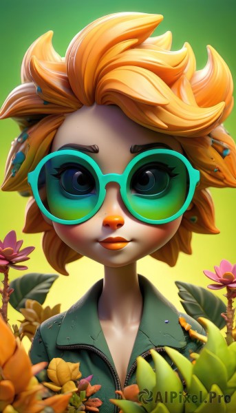 1girl,solo,breasts,looking at viewer,smile,short hair,blue eyes,blonde hair,hair ornament,animal ears,cleavage,jewelry,closed mouth,collarbone,jacket,upper body,flower,earrings,glasses,artist name,orange hair,lips,gradient,gradient background,eyelashes,makeup,leaf,watermark,sunglasses,plant,lipstick,portrait,furry,eyeshadow,zipper,green background,furry female,unzipped,red lips,tinted eyewear,orange flower,green eyes,colored skin,spiked hair,freckles,nose,round eyewear