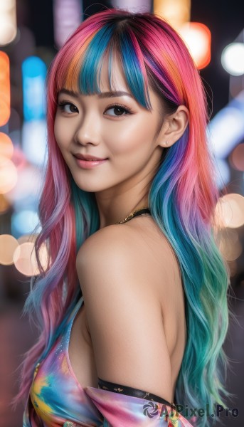 1girl,solo,long hair,breasts,looking at viewer,smile,bangs,bare shoulders,brown eyes,jewelry,medium breasts,closed mouth,blue hair,upper body,pink hair,multicolored hair,earrings,necklace,blurry,from side,two-tone hair,lips,looking to the side,aqua hair,sideboob,gradient hair,makeup,depth of field,blurry background,watermark,multicolored clothes,realistic,nose,bokeh,rainbow hair,swimsuit,bikini,green hair,artist name,blunt bangs,streaked hair,eyelashes,pink lips,stud earrings,mascara