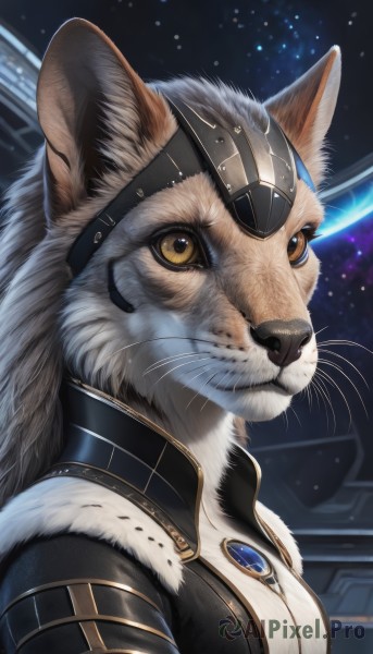 1girl,solo,long hair,breasts,looking at viewer,animal ears,brown eyes,jewelry,medium breasts,closed mouth,yellow eyes,upper body,artist name,signature,no humans,animal,cat,brooch,gem,star (sky),furry,realistic,nose,furry female,space,body fur,animal focus,white fur,animal nose,whiskers,armor,eyepatch,planet