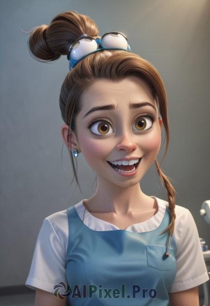 1girl,solo,breasts,looking at viewer,smile,open mouth,brown hair,shirt,hair ornament,dress,brown eyes,jewelry,collarbone,white shirt,upper body,short sleeves,earrings,small breasts,teeth,hair bun,lips,blue dress,single hair bun,forehead,long hair,:d,eyewear on head,realistic,nose,overalls,horror (theme)