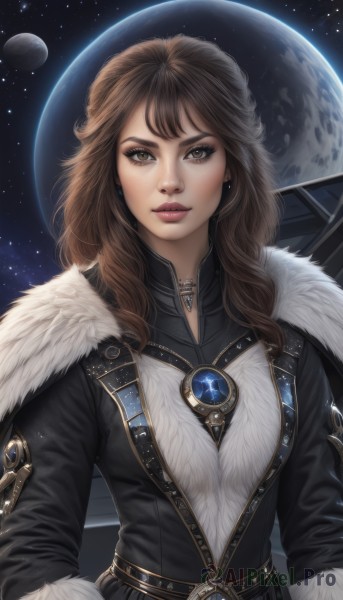 1girl,solo,long hair,looking at viewer,brown hair,brown eyes,jewelry,upper body,earrings,belt,necklace,lips,coat,fur trim,makeup,moon,star (sky),starry sky,freckles,curly hair,realistic,nose,space,planet,earth (planet),bangs,weapon,artist name,gem,gunblade