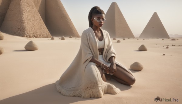 1girl,solo,long hair,breasts,looking at viewer,brown hair,black hair,brown eyes,jewelry,sitting,closed mouth,collarbone,full body,ponytail,earrings,outdoors,glasses,shorts,barefoot,day,midriff,belt,dark skin,bracelet,dark-skinned female,lips,crop top,kneeling,shadow,sunglasses,own hands together,black-framed eyewear,shawl,rock,round eyewear,sand,fringe trim,very dark skin,desert,cleavage,ring,hoop earrings,realistic,bangle