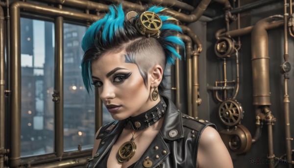 1girl,solo,breasts,looking at viewer,short hair,black hair,hair ornament,jewelry,closed mouth,blue hair,jacket,upper body,multicolored hair,earrings,sleeveless,choker,necklace,blurry,black eyes,vest,collar,two-tone hair,lips,streaked hair,grey eyes,eyelashes,makeup,piercing,lipstick,ear piercing,eyeshadow,asymmetrical hair,nose,eyeliner,leather,undercut,badge,purple lips,leather jacket,mascara,mohawk,steampunk,cleavage,brown eyes,signature,window,feathers,portrait,feather hair ornament