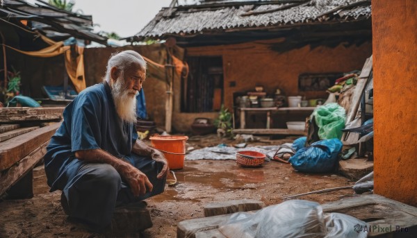 1boy,sitting,white hair,male focus,outdoors,food,japanese clothes,multiple boys,day,2boys,kimono,facial hair,plant,beard,bowl,bucket,architecture,old,east asian architecture,old man,solo,pants,blurry,squatting,scenery,realistic,bald