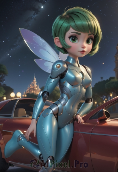 1girl,solo,breasts,looking at viewer,short hair,bangs,navel,green eyes,standing,small breasts,outdoors,parted lips,green hair,wings,sky,shiny,artist name,armor,tree,lips,bodysuit,covered navel,night,leg up,standing on one leg,thick eyebrows,robot,ground vehicle,building,star (sky),night sky,skin tight,motor vehicle,starry sky,science fiction,shiny clothes,borrowed character,nose,fairy wings,red lips,car,joints,fairy,cyborg,robot joints,blue wings,mechanical wings,insect wings,doll joints