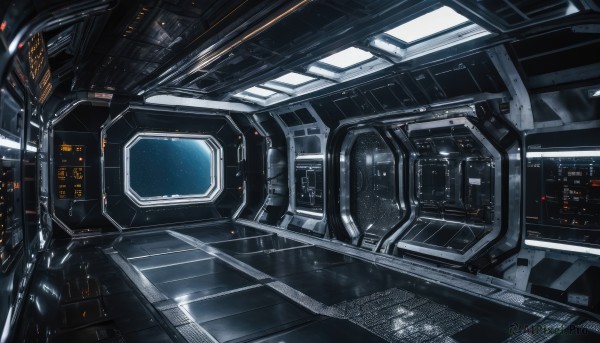 no humans,window,scenery,reflection,science fiction,realistic,cable,space,spacecraft,lights,cockpit,indoors,robot,machinery