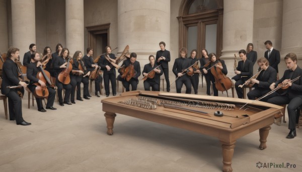 long hair,short hair,multiple girls,blonde hair,brown hair,black hair,sitting,jacket,closed eyes,multiple boys,necktie,pants,indoors,chair,black pants,formal,suit,instrument,6+boys,music,playing instrument,violin,drum,piano,trumpet,flute,bow (music),grand piano,glasses,facial hair,6+girls,table,beard,mustache,very short hair,board game