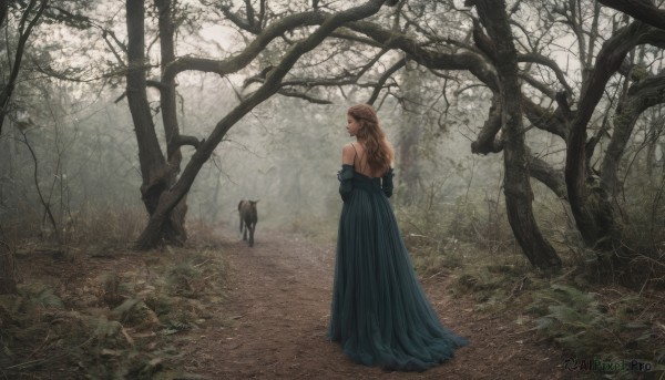 1girl,solo,long hair,blonde hair,brown hair,dress,bare shoulders,standing,braid,outdoors,detached sleeves,off shoulder,from behind,tree,blue dress,animal,cat,nature,scenery,forest,dog,off-shoulder dress,long dress,path,grass