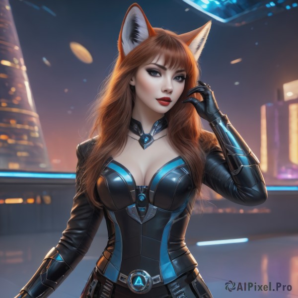 1girl,solo,long hair,breasts,looking at viewer,bangs,blue eyes,large breasts,brown hair,gloves,animal ears,cleavage,medium breasts,belt,artist name,cat ears,hand up,blurry,lips,fox ears,bodysuit,makeup,night,blurry background,lipstick,gauntlets,city,red lips,city lights,closed mouth,red hair,outdoors,sky,black gloves,shiny,grey eyes,eyelashes,watermark,building,skin tight,eyeshadow,realistic,black bodysuit