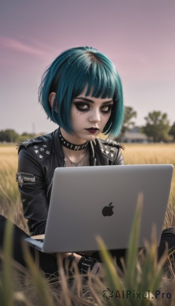 1girl,solo,looking at viewer,short hair,bangs,black hair,gloves,holding,brown eyes,jewelry,sitting,closed mouth,blue hair,jacket,yellow eyes,multicolored hair,earrings,outdoors,open clothes,choker,black gloves,pants,artist name,fingerless gloves,necklace,mole,blurry,bracelet,black jacket,aqua hair,makeup,depth of field,blurry background,black choker,black pants,piercing,grass,cross,lipstick,ear piercing,black nails,spikes,computer,leather,spiked bracelet,spiked collar,laptop,cross earrings,leather jacket,mascara,black lips,green hair,signature,blunt bangs,collar,lips,eyelashes,eyeshadow,freckles,realistic,nose,eyeliner,purple lips