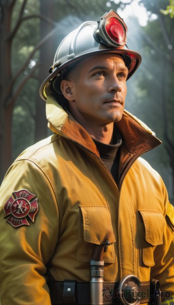 solo,brown hair,1boy,hat,brown eyes,closed mouth,jacket,upper body,weapon,male focus,outdoors,day,belt,blurry,uniform,tree,military,blurry background,sunlight,helmet,goggles,nature,forest,realistic,yellow jacket,black hair,signature,looking to the side,facial hair,looking up,pocket,light rays,nose,manly,animification,jumpsuit