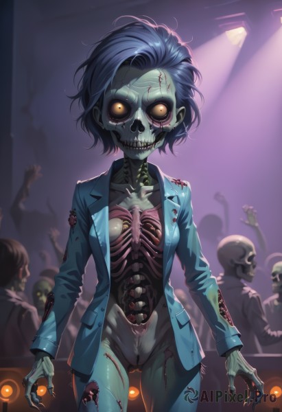 1girl,breasts,looking at viewer,smile,short hair,black hair,long sleeves,blue hair,standing,collarbone,jacket,yellow eyes,cowboy shot,small breasts,open clothes,teeth,solo focus,indoors,open jacket,orange eyes,torn clothes,blood,glowing,colored skin,formal,blazer,suit,blue jacket,glowing eyes,colored sclera,skull,injury,blood on face,blood on clothes,stitches,grey skin,ribs,skeleton,zombie,bone,blood on hands,horror (theme),guro,blood stain,spine,undead,medium breasts,earrings,multiple boys,pubic hair,ass visible through thighs,scar,piercing,veins,blue skin,crowd,spotlight