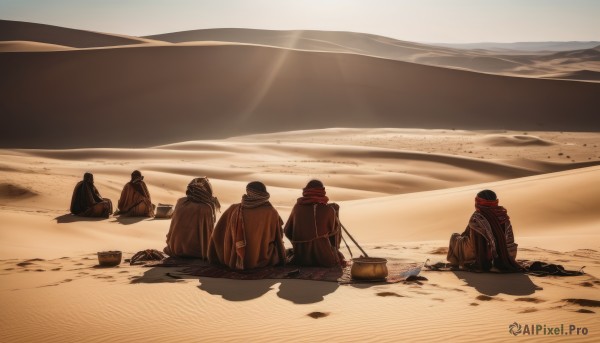 hat,sitting,outdoors,multiple boys,sky,day,from behind,scarf,cape,beach,sunlight,helmet,scenery,cloak,4boys,mountain,sand,desert,tent,bag,rock,horizon,multiple others,6+others