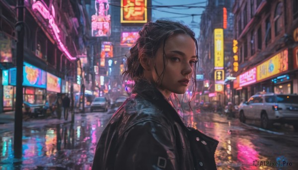 1girl, looking at viewer, black hair, closed mouth, jacket, upper body, outdoors, solo focus, dark skin, blurry, dark-skinned female, lips, black jacket, night, ground vehicle, building, motor vehicle, reflection, city, realistic, nose, car, road, street, leather jacket, cyberpunk, neon lights