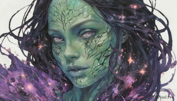 1girl,solo,long hair,looking at viewer,simple background,black hair,1boy,white background,closed mouth,purple eyes,purple hair,male focus,pink eyes,lips,sparkle,colored skin,portrait,scales,green skin,realistic,nose,alien