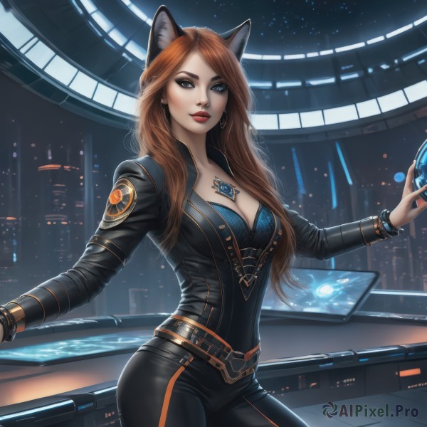 1girl,solo,long hair,breasts,looking at viewer,smile,blue eyes,large breasts,brown hair,animal ears,cleavage,brown eyes,jewelry,medium breasts,cowboy shot,earrings,belt,cat ears,necklace,lips,fox ears,bodysuit,makeup,night,lipstick,gem,black bodysuit,red lips,bangs,gloves,long sleeves,closed mouth,standing,red hair,outdoors,sky,pants,artist name,signature,nail polish,orange hair,mole,fingernails,parted bangs,swept bangs,glowing,black pants,thick eyebrows,light smile,fox girl,star (sky),night sky,skin tight,buckle,pendant,eyeshadow,starry sky,freckles,contrapposto,city,realistic,nose,emblem,space,tight,lights,holographic interface