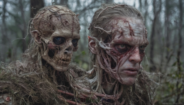 looking at viewer,blue eyes,1boy,green eyes,male focus,outdoors,pointy ears,artist name,blurry,tree,blurry background,scar,portrait,nature,forest,skull,monster,realistic,skeleton,silk,spider web,horror (theme),undead,solo,closed mouth,blood,watermark,web address,veins