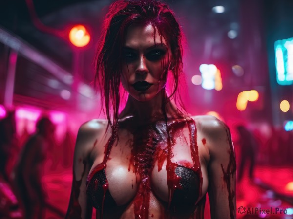 1girl,solo,long hair,breasts,looking at viewer,large breasts,black hair,medium breasts,upper body,pink hair,multicolored hair,solo focus,blurry,lips,blood,makeup,blurry background,lipstick,science fiction,blood on face,realistic,black lips,cleavage,bare shoulders,closed mouth,collarbone,outdoors,artist name,bodysuit,night,depth of field,piercing,rain,blood on clothes