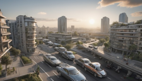 outdoors,sky,cloud,tree,no humans,ground vehicle,building,scenery,motor vehicle,sunset,city,car,road,cityscape,ruins,vehicle focus,lamppost,street,skyscraper,truck,sunlight,sports car,real world location