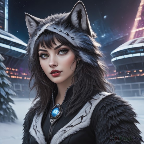 1girl,solo,long hair,looking at viewer,bangs,brown hair,black hair,animal ears,brown eyes,jewelry,closed mouth,upper body,earrings,outdoors,sky,artist name,hood,blurry,tree,lips,fur trim,eyelashes,makeup,night,blurry background,wolf ears,lipstick,brooch,building,gem,star (sky),night sky,snow,starry sky,snowing,animal hood,realistic,nose,winter clothes,red lips,winter,fur,pine tree,parted lips,teeth,signature,portrait