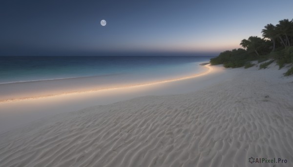 outdoors,sky,water,tree,no humans,night,ocean,beach,moon,nature,night sky,scenery,full moon,sand,horizon,road,shore,day,cloud,palm tree,sun,waves