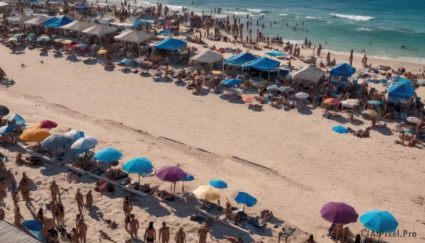 outdoors,multiple boys,sky,day,cloud,water,no humans,bird,ocean,umbrella,chair,beach,building,scenery,6+boys,city,sand,horizon,parasol,beach umbrella,crowd,too many,shore,beach chair,people,6+others,multiple girls,blue sky,shadow,cityscape