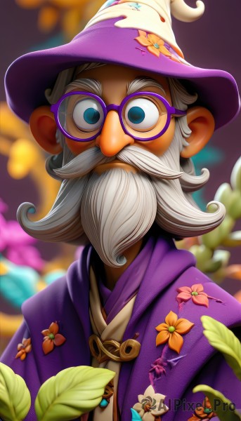 solo,looking at viewer,blue eyes,1boy,hat,upper body,flower,white hair,grey hair,male focus,glasses,artist name,blurry,witch hat,depth of field,blurry background,facial hair,leaf,thick eyebrows,bug,beard,halloween,bespectacled,robe,wide-eyed,round eyewear,mustache,purple flower,purple jacket,purple headwear,old,wizard hat,purple cape,purple scarf,wizard,closed mouth,cape,watermark,web address,pink flower,blurry foreground,orange flower,purple capelet