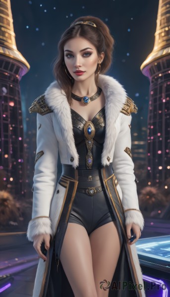 1girl,solo,long hair,breasts,looking at viewer,blue eyes,brown hair,long sleeves,cleavage,brown eyes,jewelry,medium breasts,closed mouth,standing,collarbone,ponytail,thighs,cowboy shot,earrings,outdoors,open clothes,shorts,choker,belt,necklace,nail polish,blurry,lips,coat,fur trim,short shorts,makeup,night,blurry background,black shorts,high ponytail,lipstick,building,gem,eyeshadow,gold trim,open coat,arms at sides,white coat,red lips,fur-trimmed coat,hair pulled back,parted lips,sky,artist name,mole,night sky,realistic