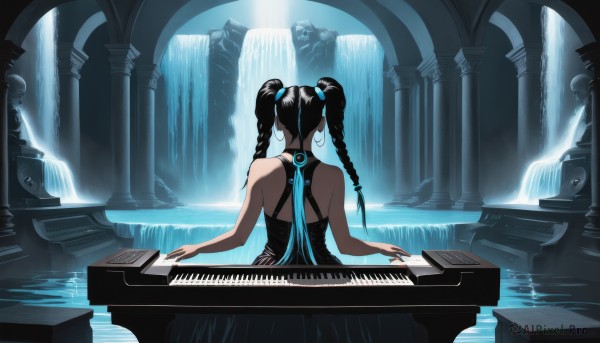 1girl,solo,long hair,black hair,hair ornament,dress,bare shoulders,twintails,jewelry,sitting,braid,multicolored hair,earrings,sleeveless,water,from behind,nail polish,black dress,twin braids,sleeveless dress,back,instrument,music,facing away,playing instrument,pillar,waterfall,statue,piano,column,fountain,grand piano