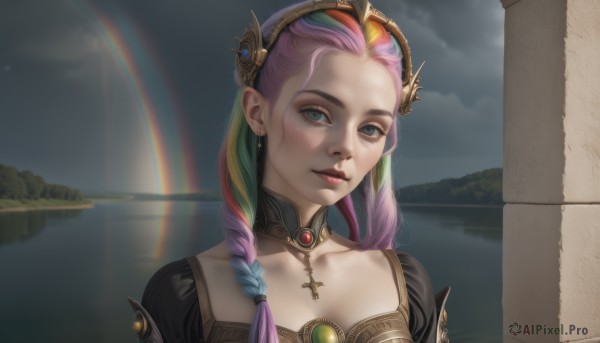 1girl,solo,long hair,looking at viewer,smile,bangs,blue eyes,hair ornament,jewelry,closed mouth,blue hair,collarbone,upper body,pink hair,purple hair,braid,multicolored hair,earrings,outdoors,green hair,sky,choker,artist name,cloud,water,twin braids,two-tone hair,lips,grey eyes,makeup,cross,portrait,red lips,rainbow,rainbow hair,cloudy sky,scenery,realistic