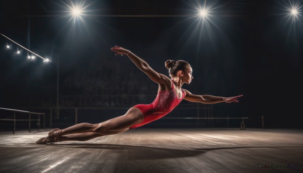 1girl,solo,black hair,male focus,pantyhose,dark skin,hair bun,leotard,dark-skinned female,single hair bun,outstretched arms,red leotard,very dark skin,plantar flexion,lights,ballerina,ballet slippers,brown hair,full body,ass,indoors,armpits,profile,shadow,realistic,spotlight,stage lights,athletic leotard,gym,ballet