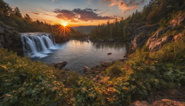 A waterfall in a tranquil sunset outdoors